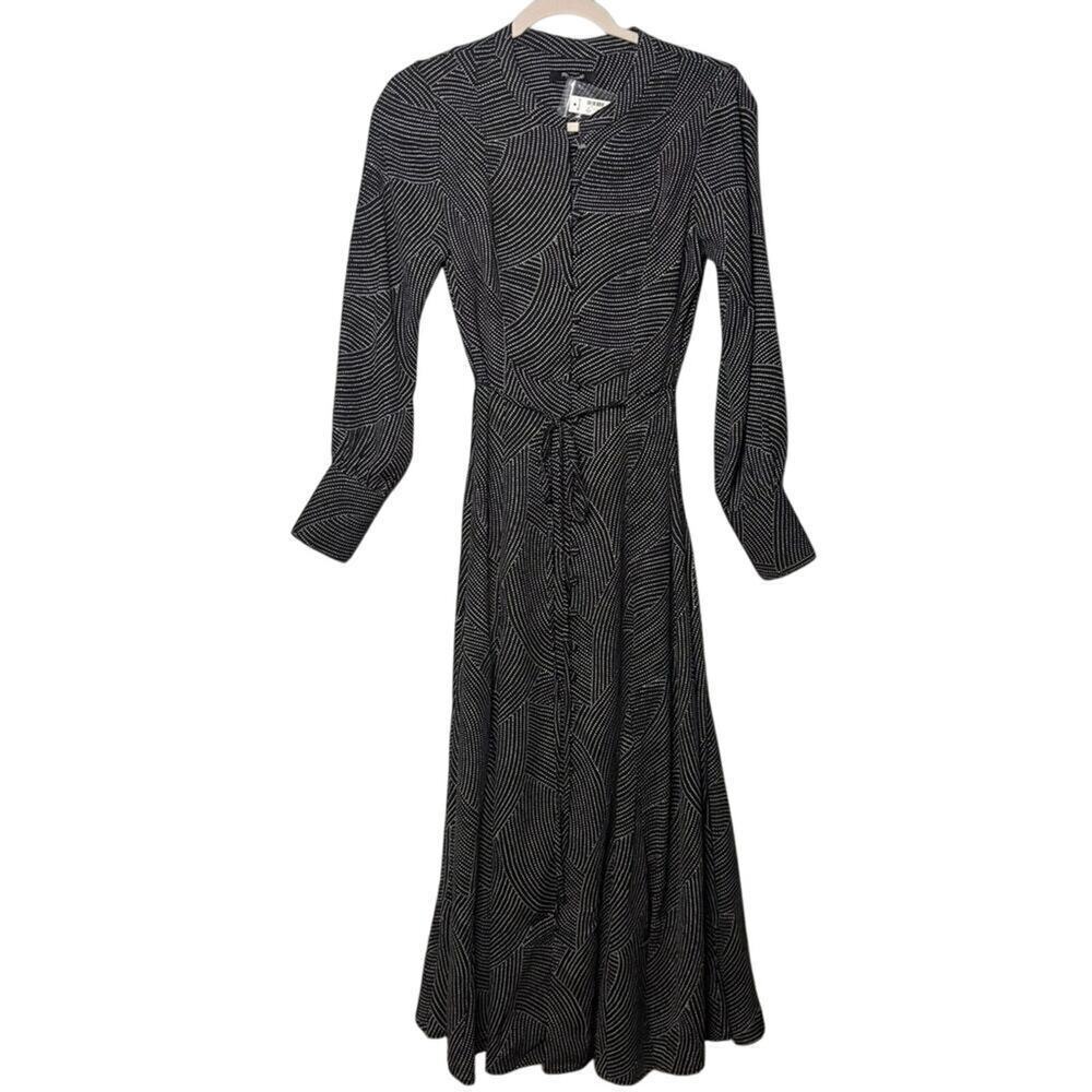 Madewell Tie-Waist Midi Dress in Dot XS True Black Long Sleeve NWT